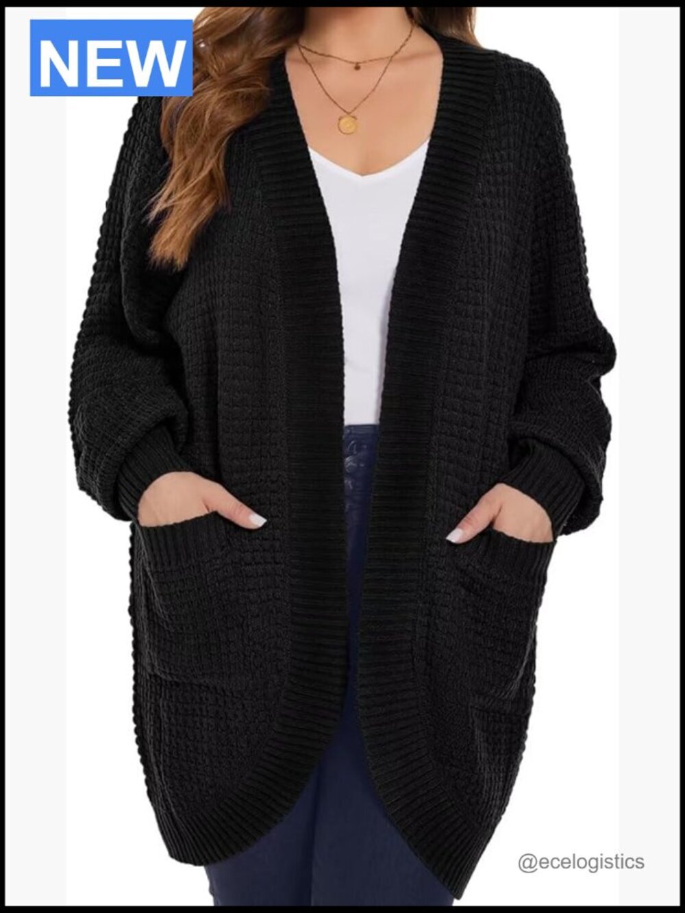 Plus Size Open Front Cardigan Waffle Knit Long Sleeve Sweater with Pockets